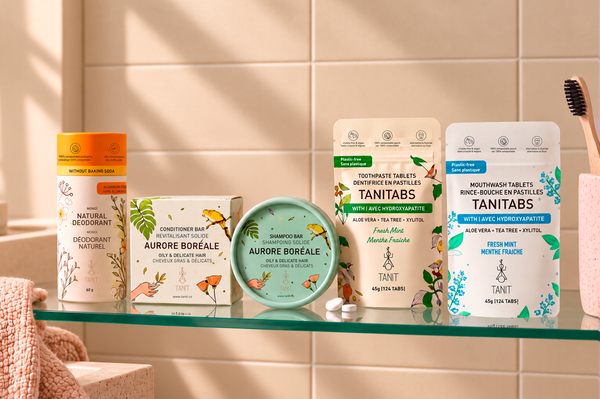 TANIT everyday essentials on a shelf, made in Canada
