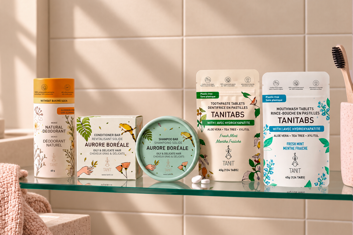 TANIT everyday essentials on a shelf, made in Canada