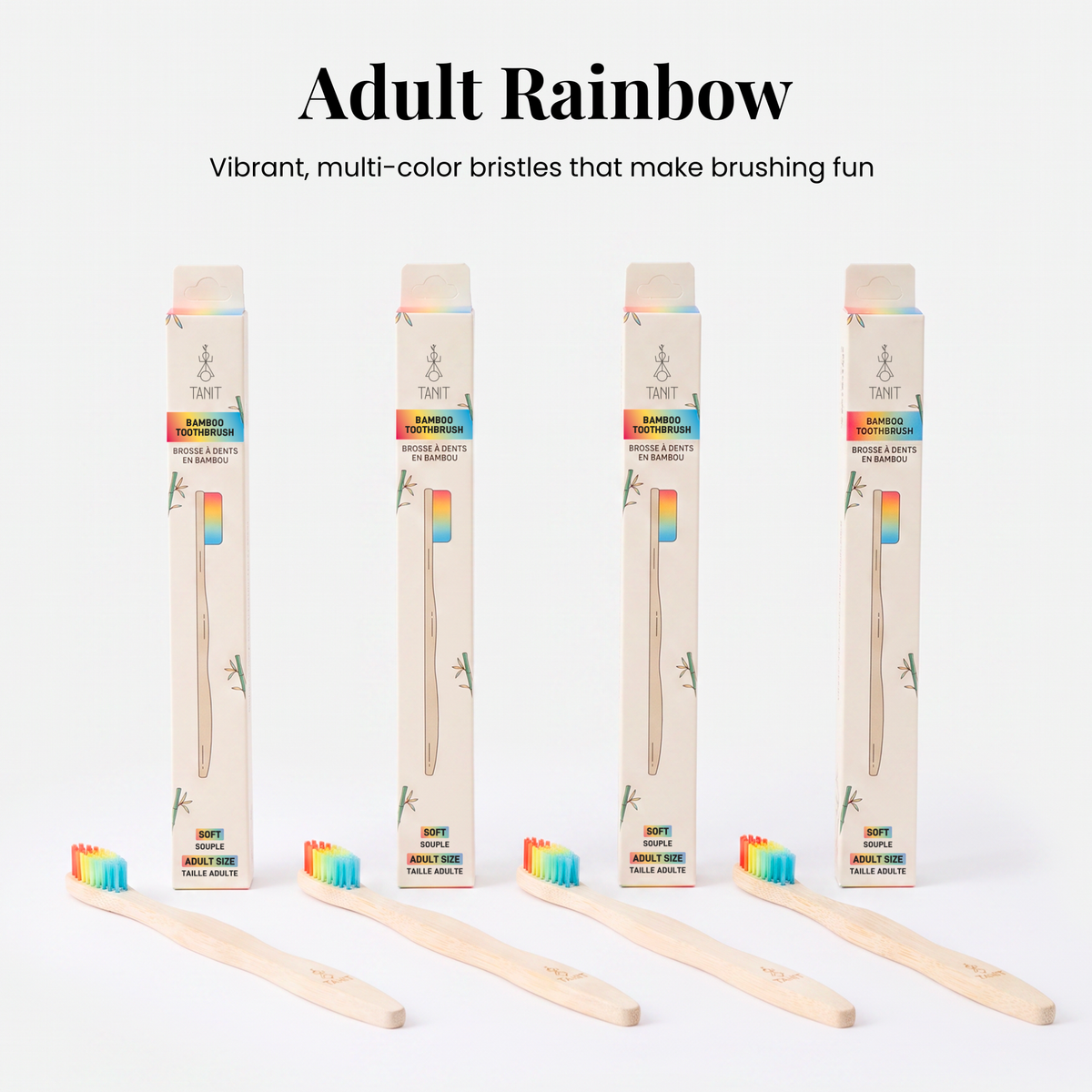 Adult Rainbow: four bamboo toothbrushes with multi-colour rainbow bristles