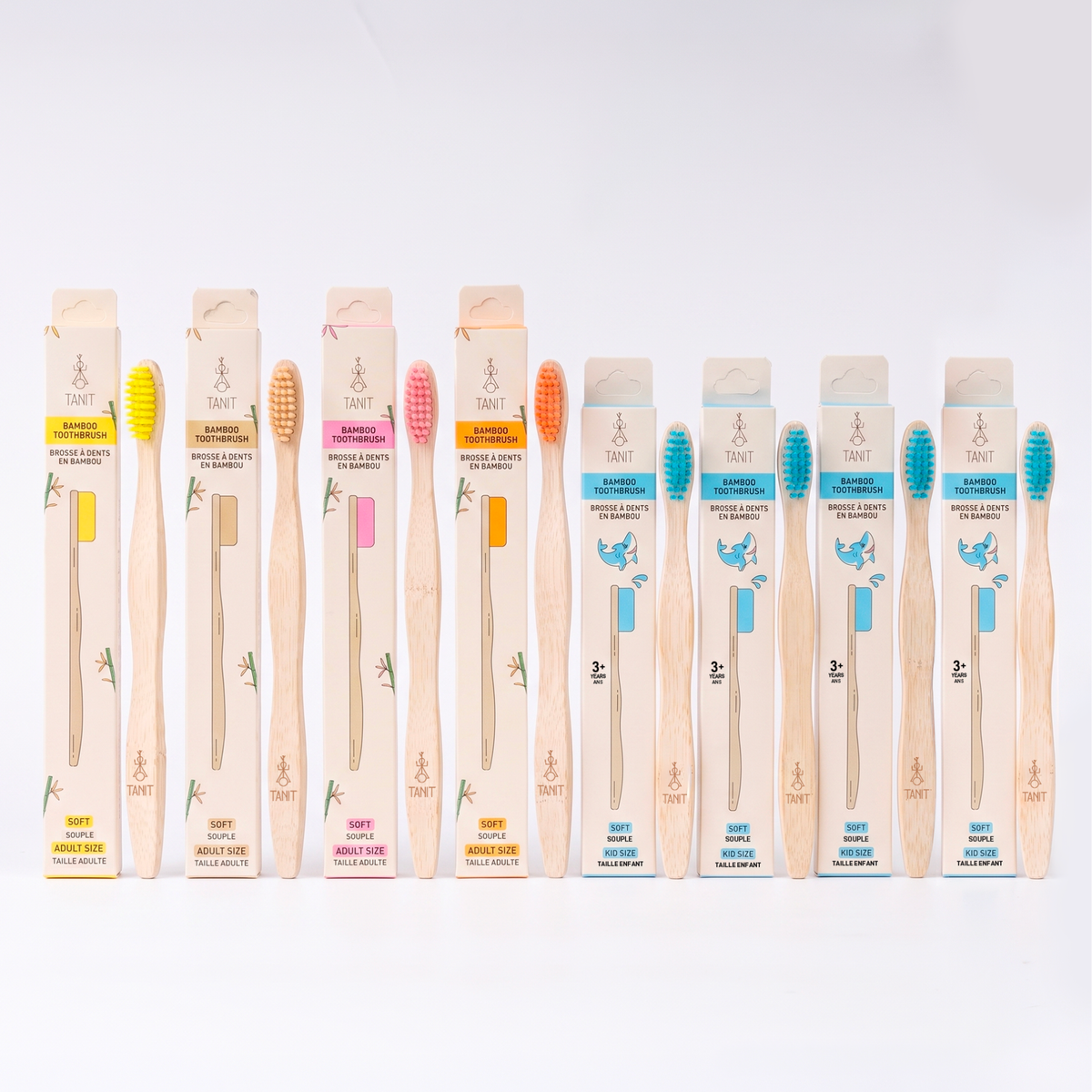 TANIT Family Bamboo Toothbrush Pack: four adult and four kids bamboo toothbrushes with packaging