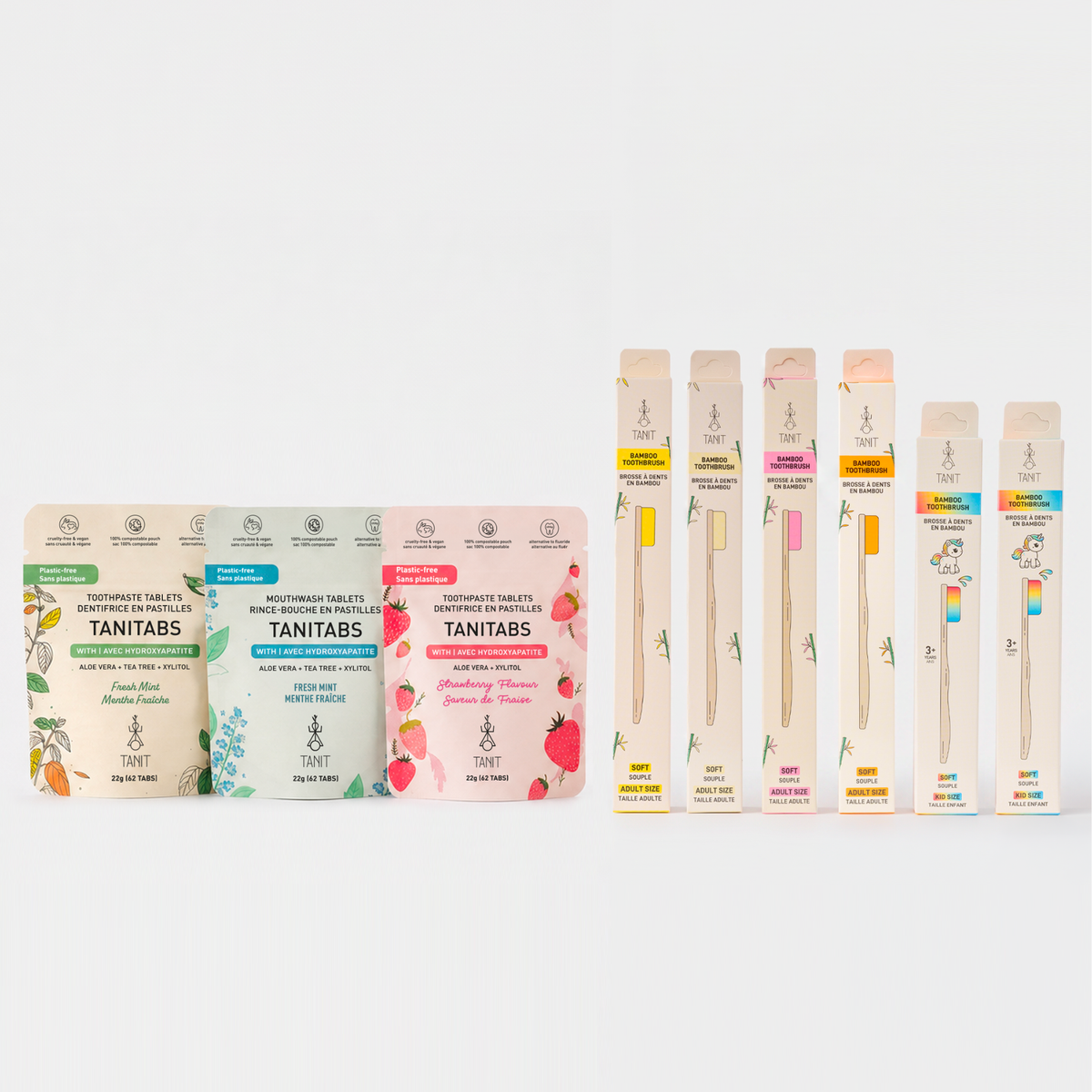 TANIT Healthy Smiles Discovery Kit: toothpaste and mouthwash tablet pouches with bamboo toothbrushes