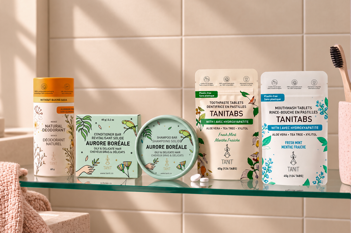 TANIT everyday essentials on a shelf, made in Canada