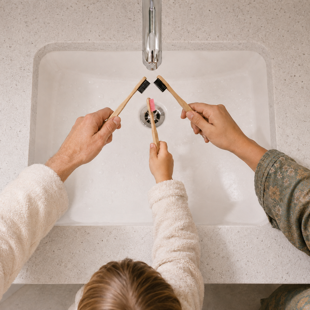 A family brushing their teeth together at the bathroom sink